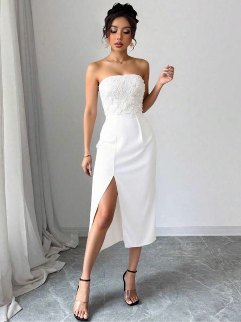 SHEIN Strapless White Midi Dress with Lace Bodice and Side Slit